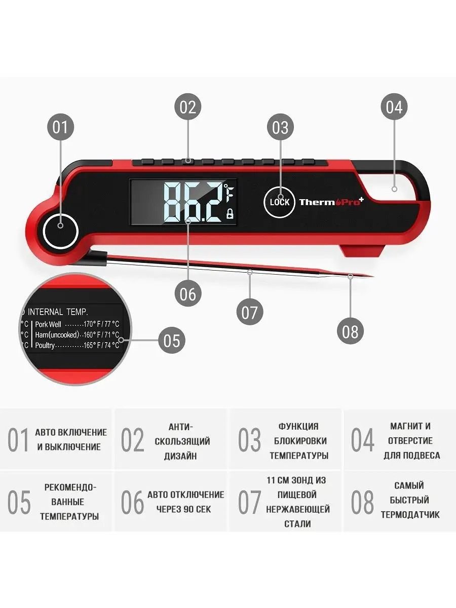 Кухонный цифровой термометр с щупом ThermoPro TP620