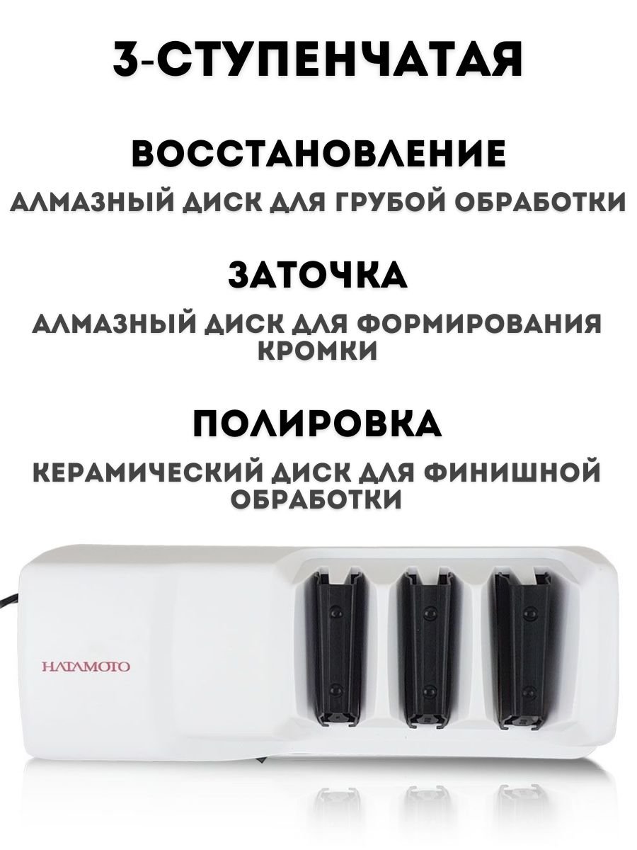 Точилка для ножей электрическая Hatamoto EDS-1198 профессиональная, 3-ступенчатая