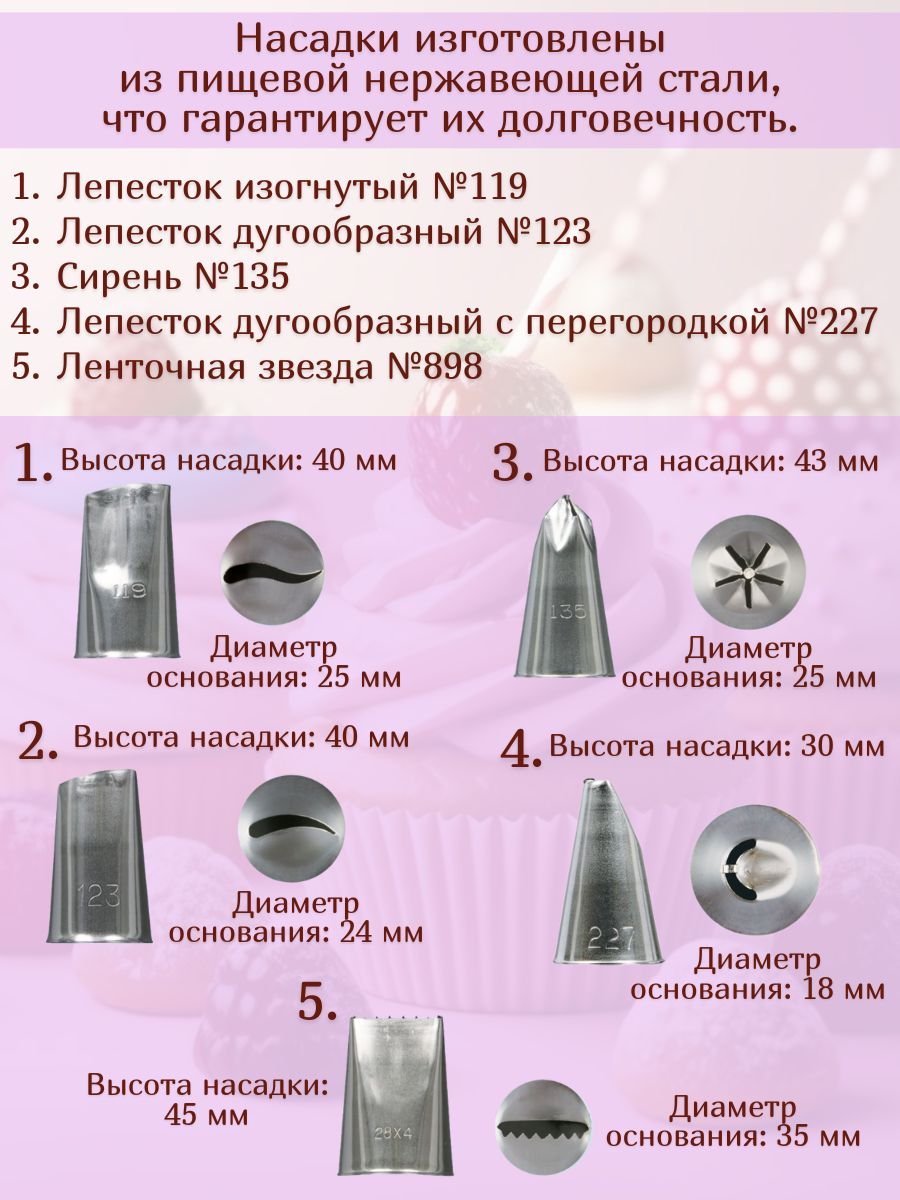 Кондитерский мешок с насадками многоразовый L=50 см №5 набор в подарочной упаковке